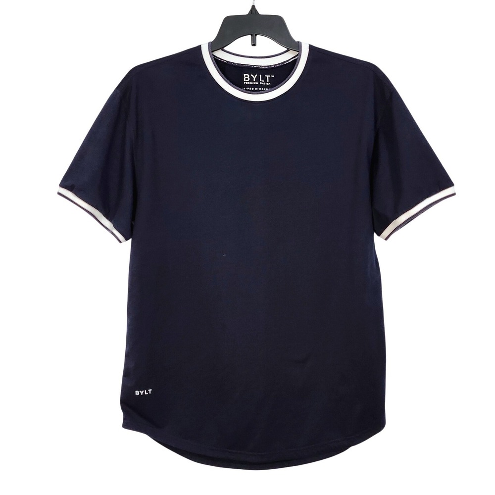 BYLT Premium Basics Drop Cut Striped Ringer Tee Shirt Mens XL Navy Blue White